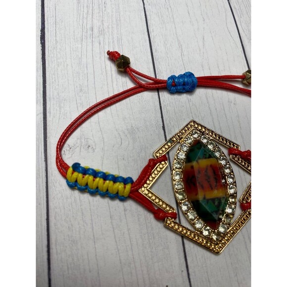 Colorful Adjustable Macrame Bracelet with Rhinestone Accent and Resin Gem - Picture 2 of 7